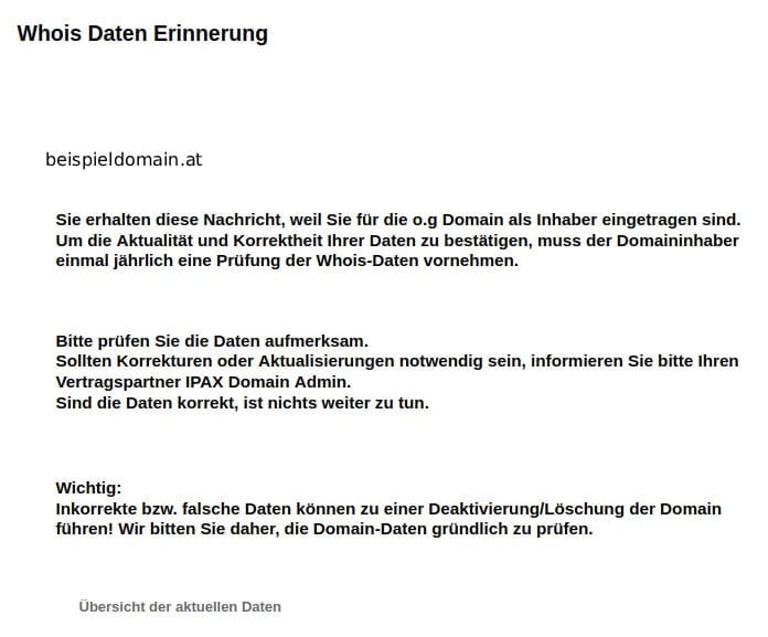 Screenshot der E-Mail „Whois-Daten-Erinnerung“